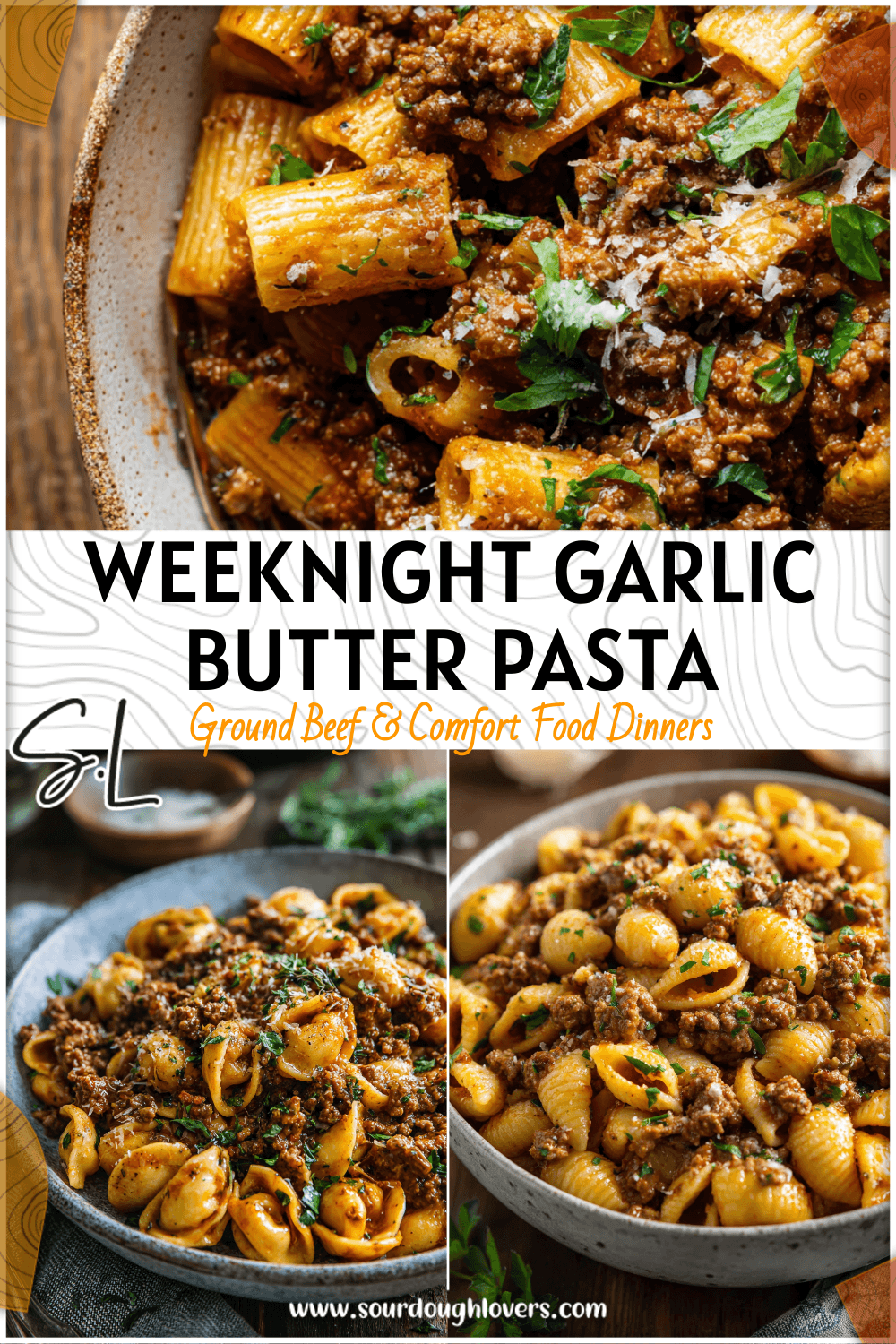 Bowl of garlic butter pasta with ground beef and fresh herbs on a rustic table.